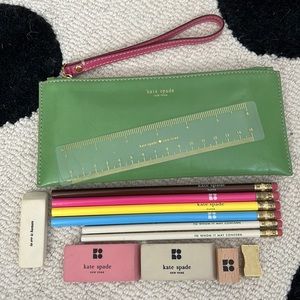 Kate Spade Green Wristlet Pouch w/Pencils, Ruler, Erasers, Sharpeners